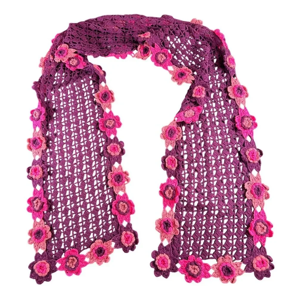 Gap Crochet Floral Scarf- purple pink- wool knit- feminine whimsygoth OS 62x9
